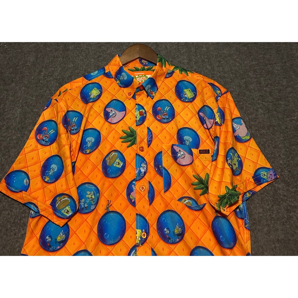 RSVLTS Kunuflex SpongeBob Conch Street Button Up Shirt Mens Size M Orange Blue
